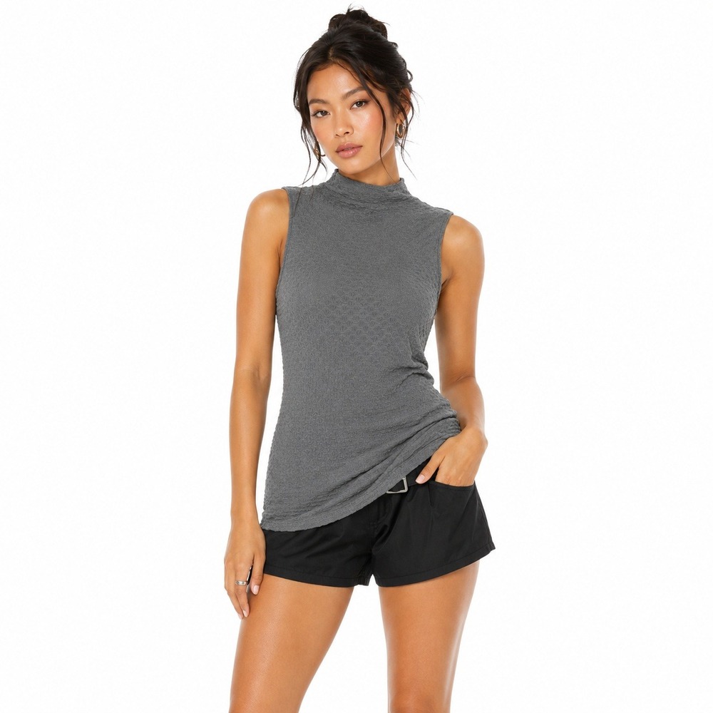 House of Harlow 1960 Mock Neck Textured Sleeveless Top Gray Chic Stretch Size S
